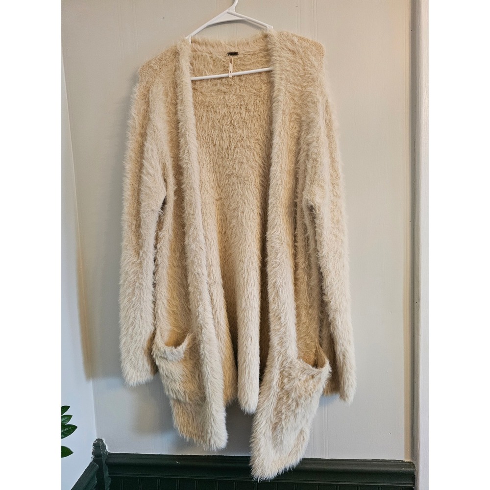 Free People faux fur Cream Fuzzy Eyelash Knit Open Front Cardigan Sweater Small